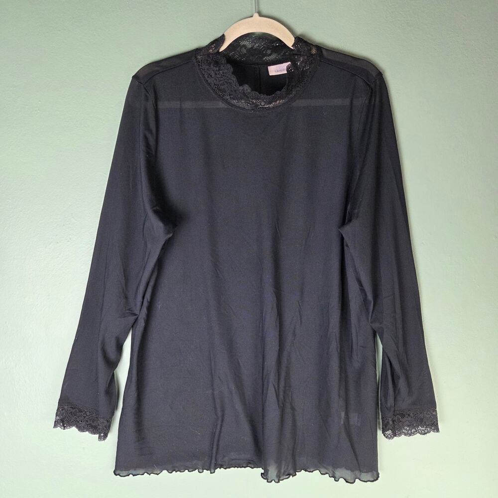 LOGO Layers By Lori Goldstein Womens XL Sheer Mesh Mock Neck Top Lace Trim Black